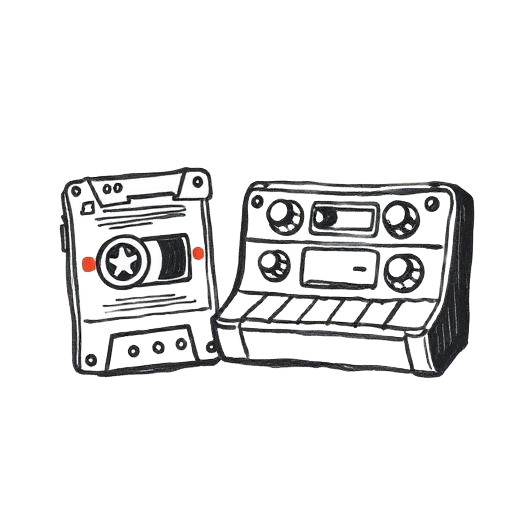 Hand-drawn illustration of a cassette tape and a drum machine