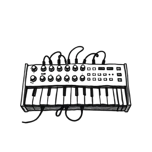 Hand-drawn illustration of a modular synthesiser with patch cables